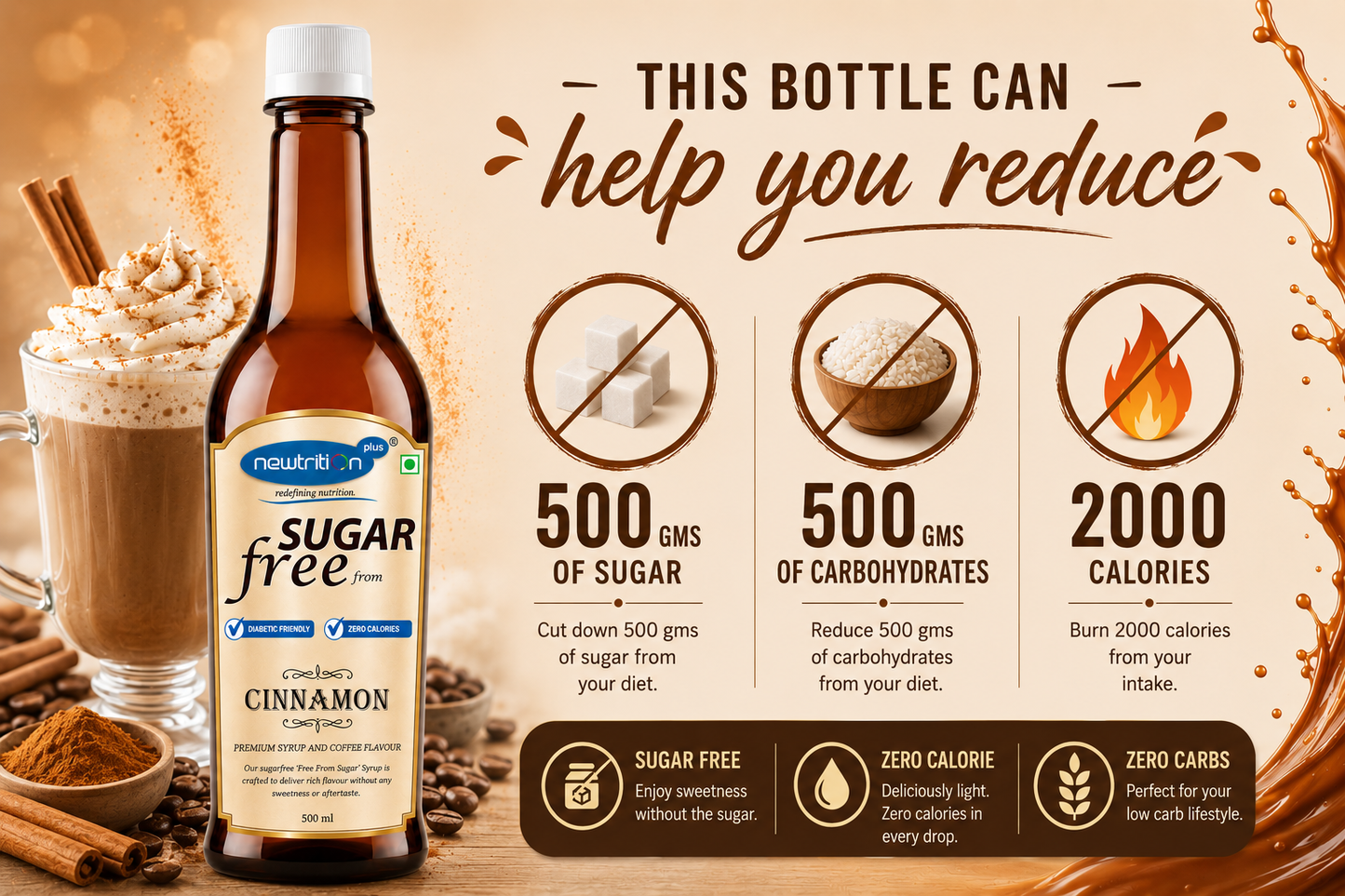 Bottle of sugar-free cinnamon syrup with health benefits displayed on a wooden surface.