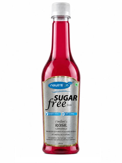 Bottle of sugar-free rose syrup with a white cap on a white background