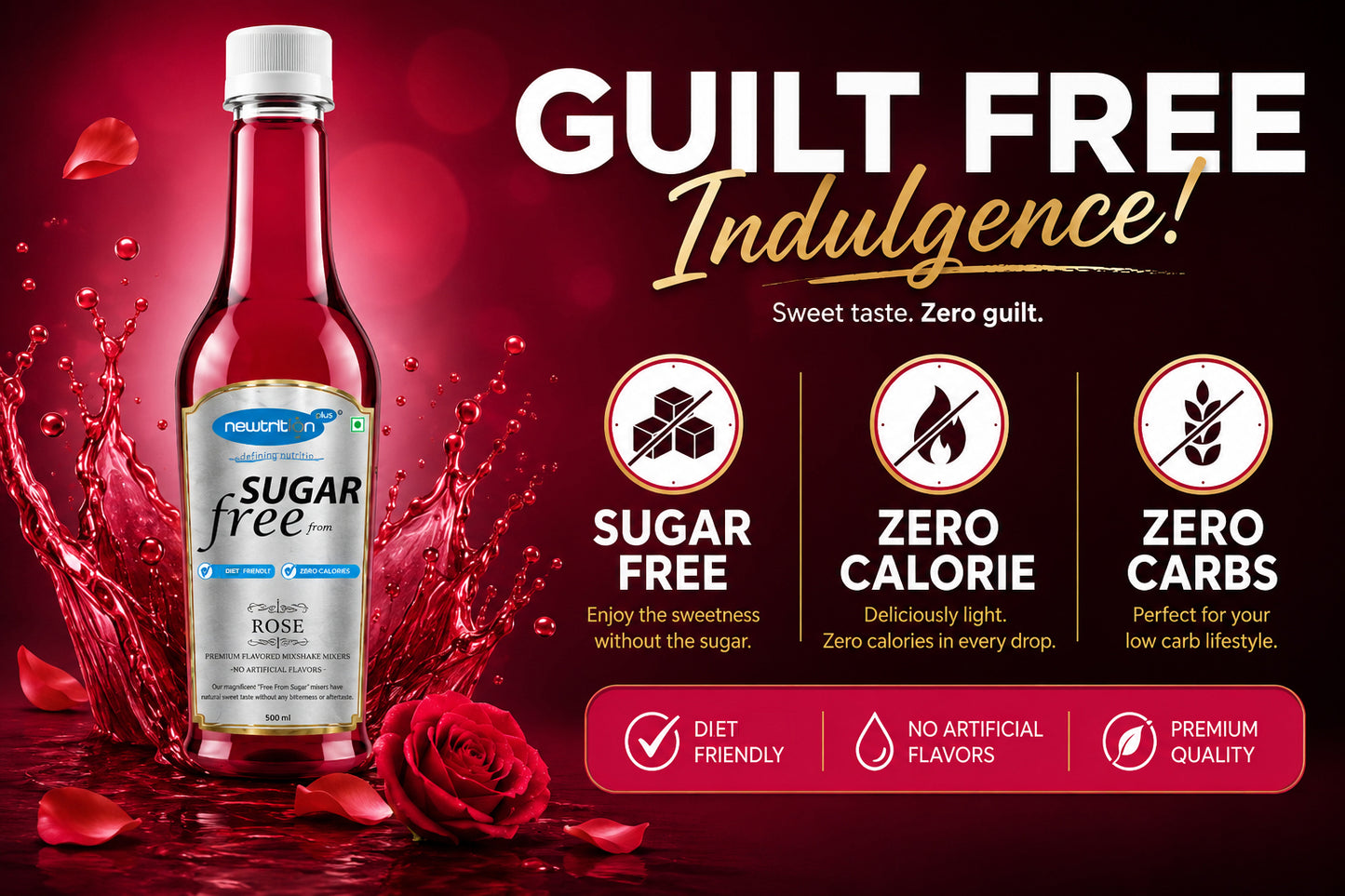 Rose Sugar-Free Syrup for Milkshakes & Falooda (Zero Sugar)