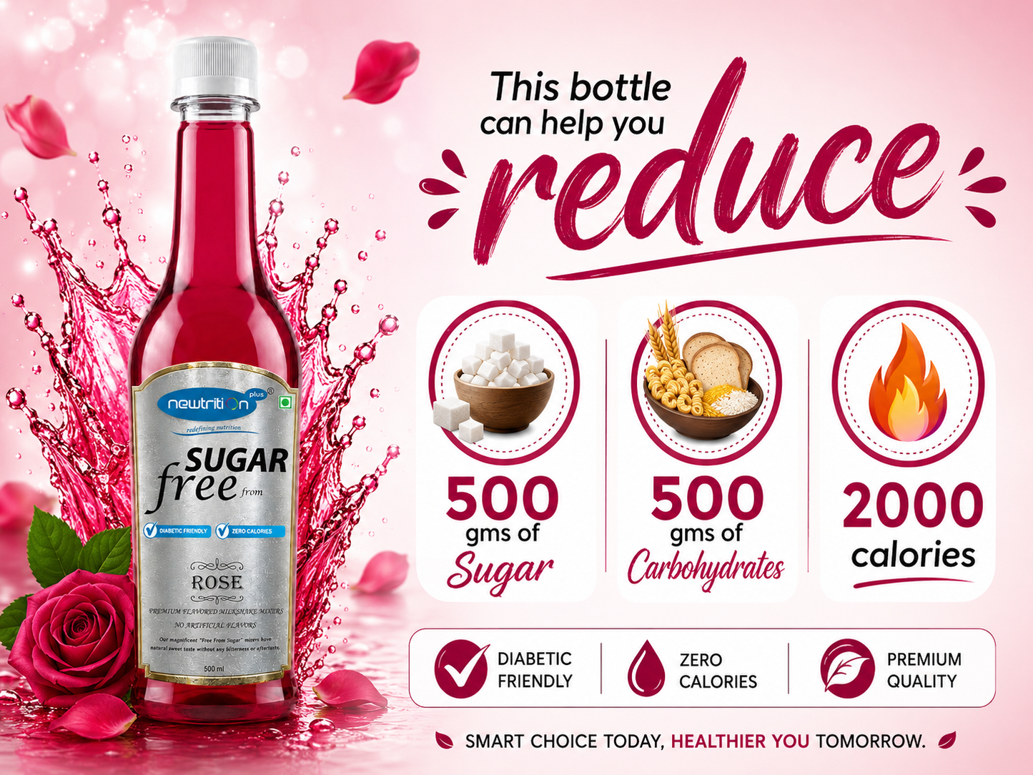 Sugar-free drink bottle with health benefits on a pink background