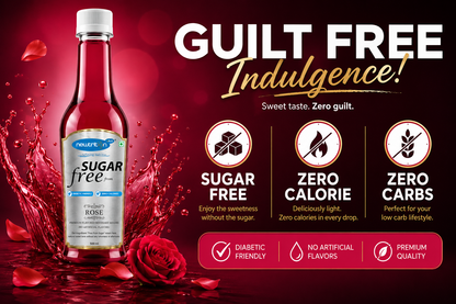 Sugar-free drink bottle with red liquid and rose petals on a red background, featuring 'Guilt Free Indulgence' text.