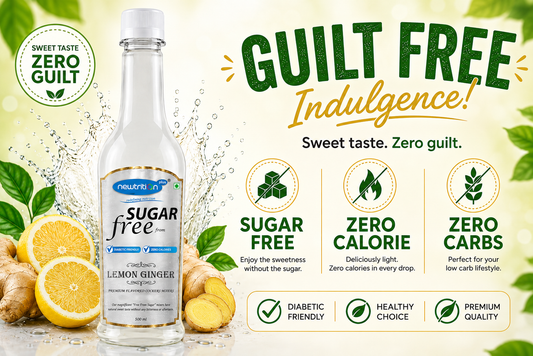 Neuland sugar-free lemon ginger drink bottle with lemon, ginger, and green leaves on a light background.