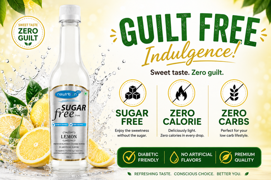 Sugar-free lemon drink bottle with lemon slices and promotional text on a light yellow background