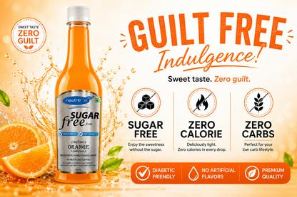 Sugar-free orange drink bottle with promotional text and graphics on a bright background