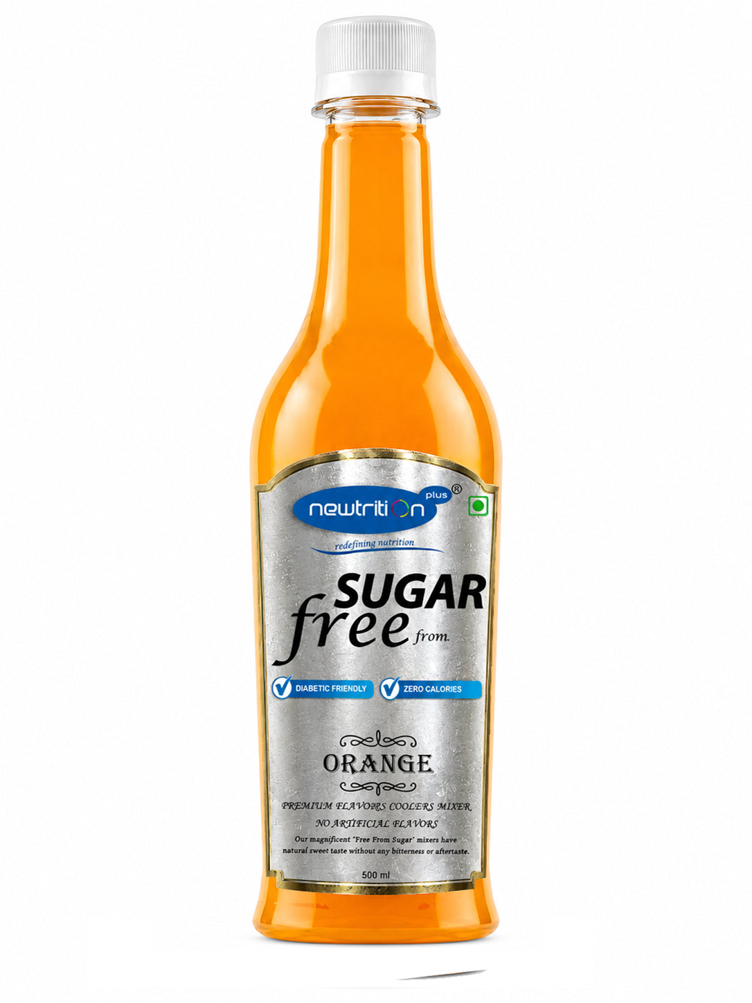 Sugar-free orange drink bottle with a white cap on a white background