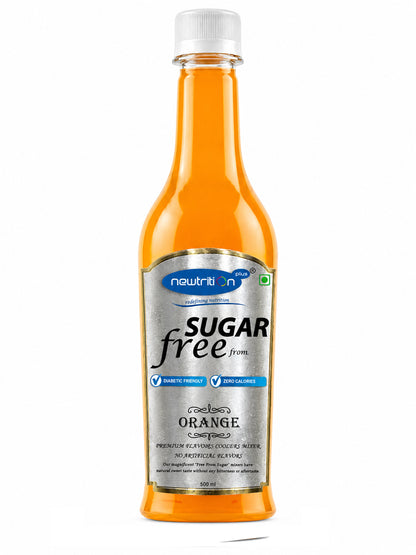 Sugar-free orange drink bottle with a white cap on a white background