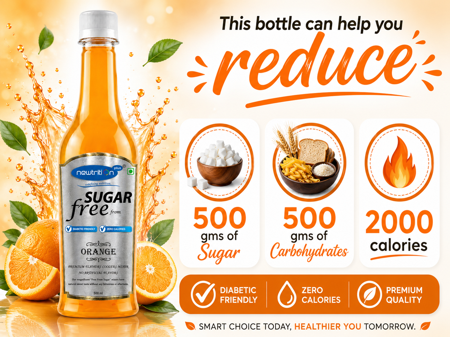 Sugar-free orange drink bottle with health benefits displayed on a bright background