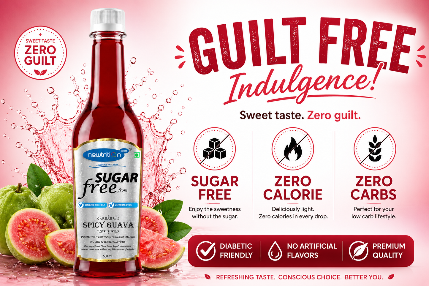 Sugar-free spicy guava drink bottle with promotional text on a pink background