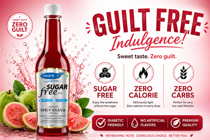Sugar-free spicy guava drink bottle with promotional text on a pink background