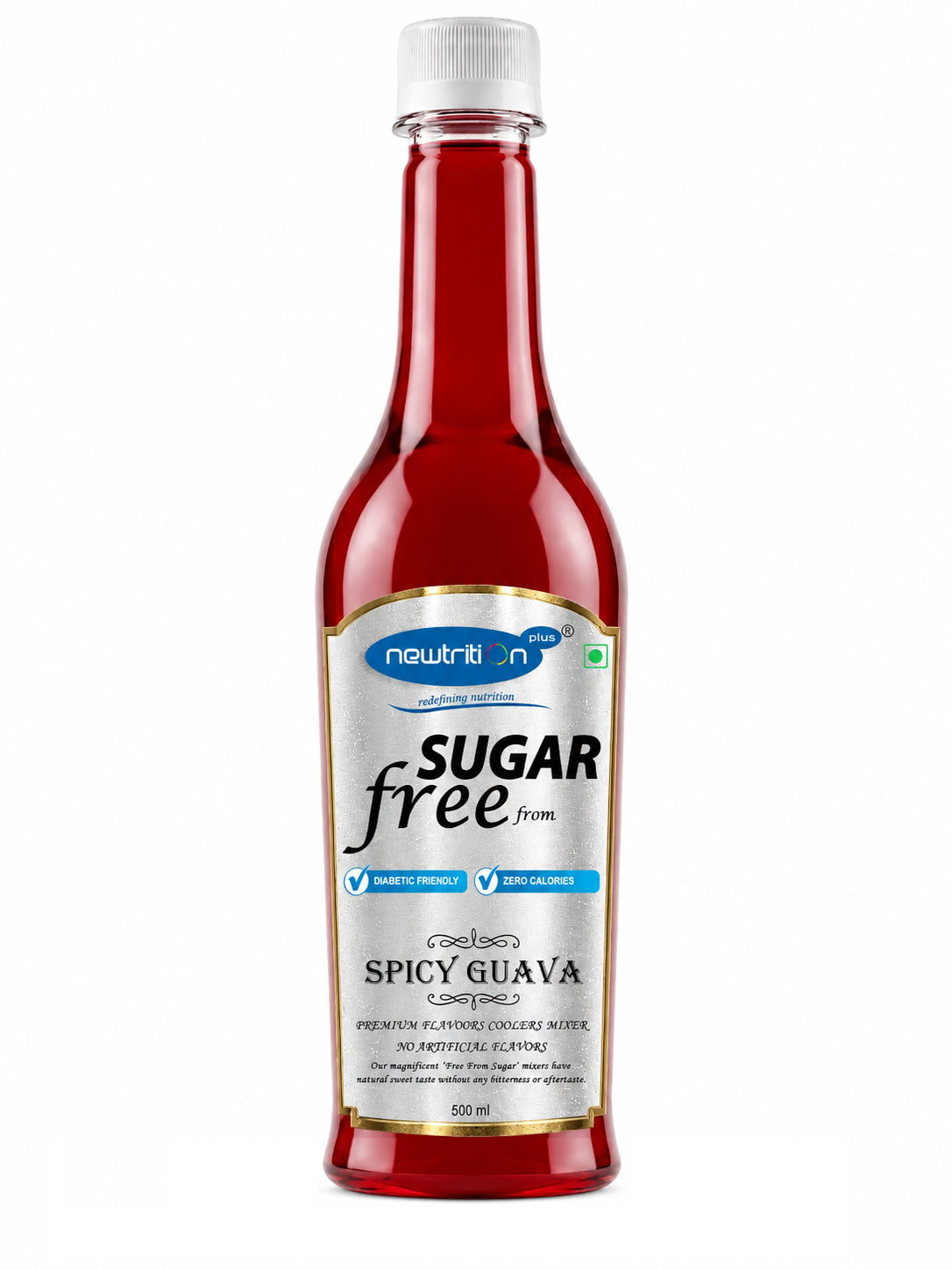 Bottle of Sugar Free Spicy Guava flavor on a white background