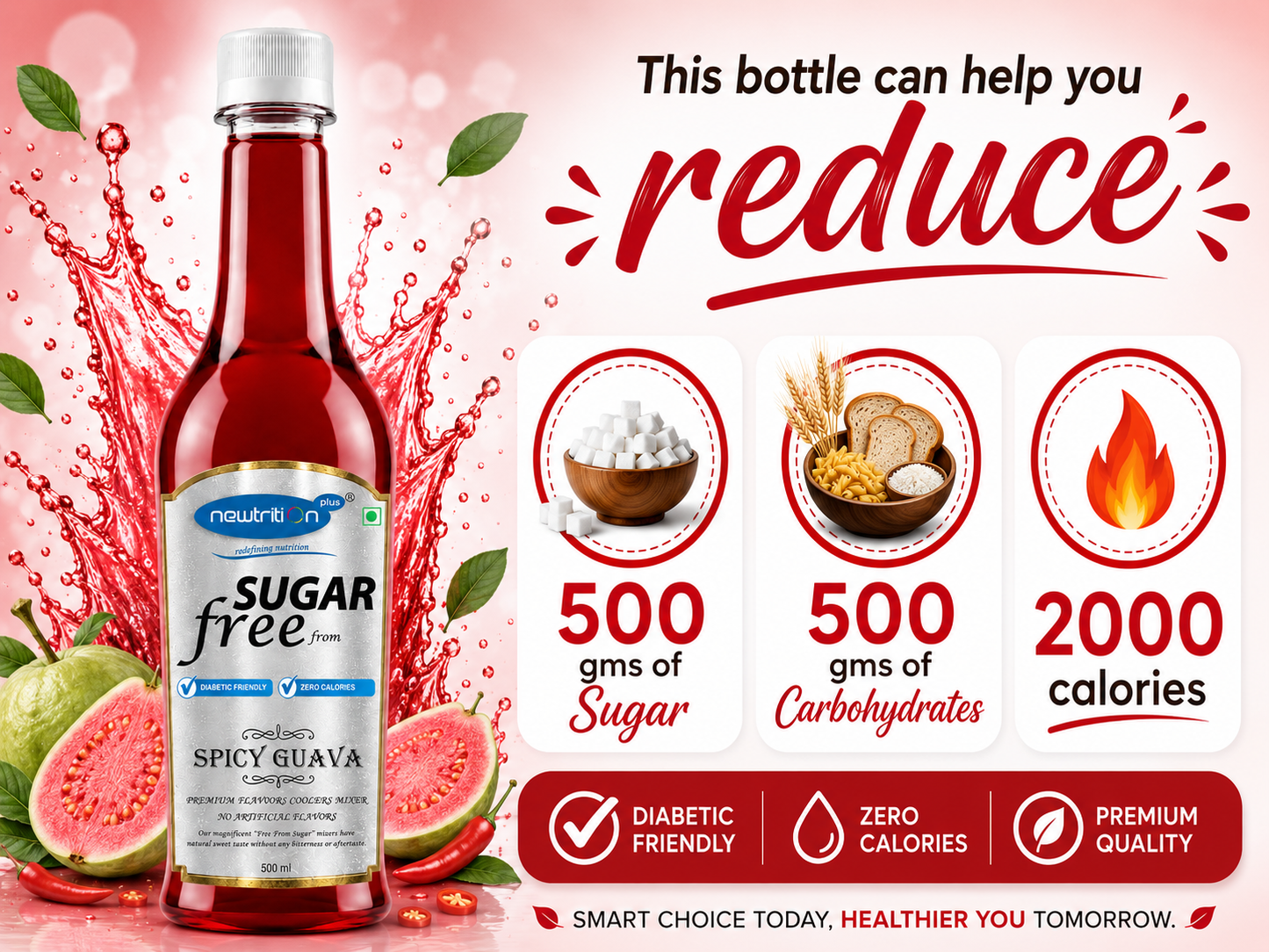 Sugar-free spicy guava bottle with health benefits on a pink background