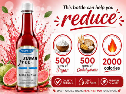 Sugar-free spicy guava bottle with health benefits on a pink background