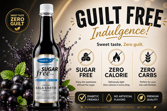 Sugar-free sweetener bottle with promotional text and graphics on a dark background
