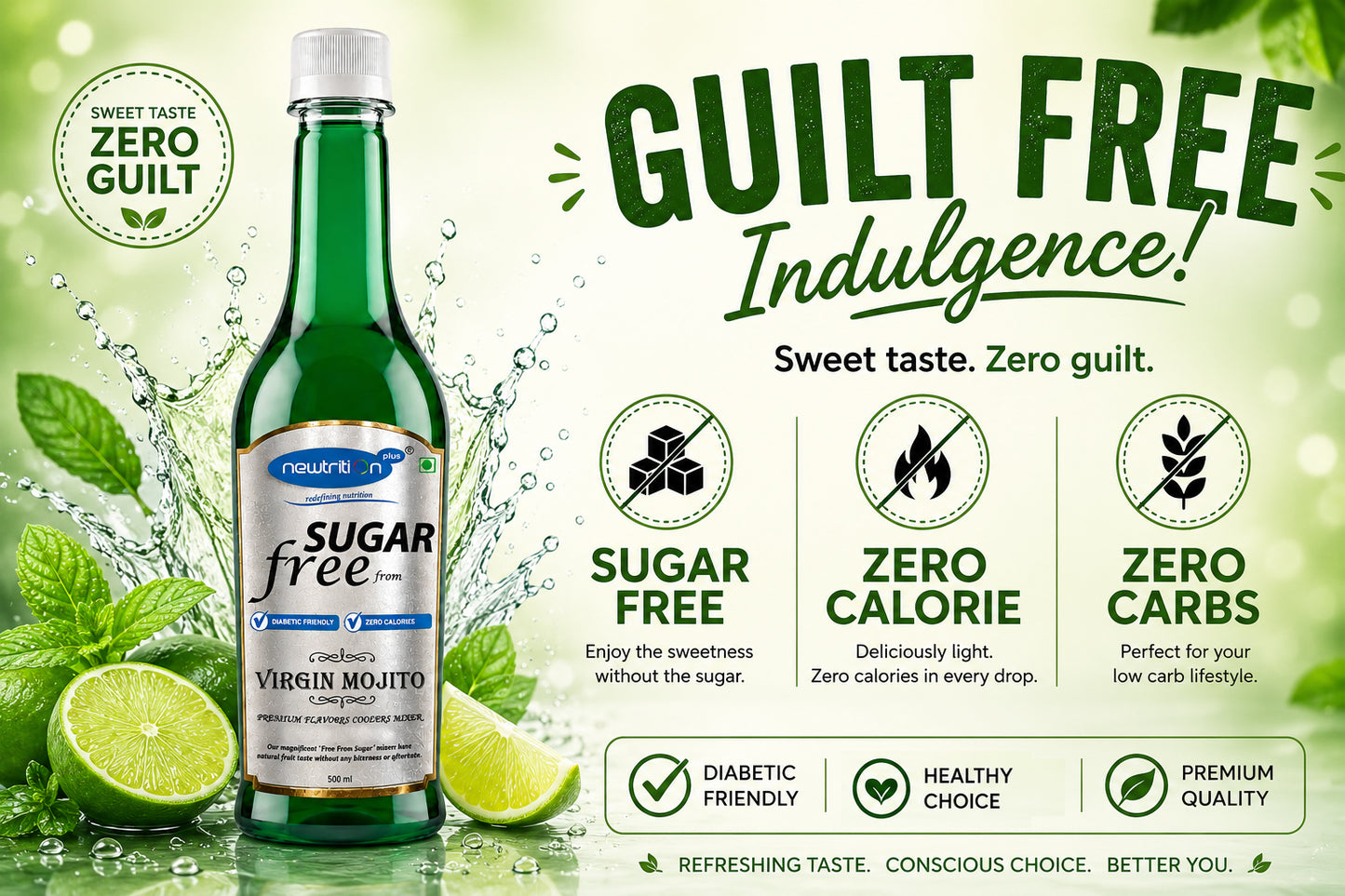 Bottle of sugar-free Virgin Mojito with green leaves and water droplets on a light green background.