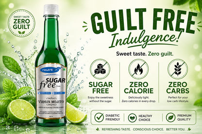 Bottle of sugar-free Virgin Mojito with green leaves and water droplets on a light green background.