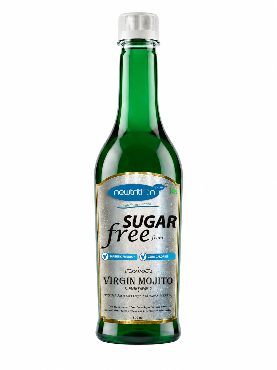 Green bottle of sugar-free Virgin Mojito on a white background