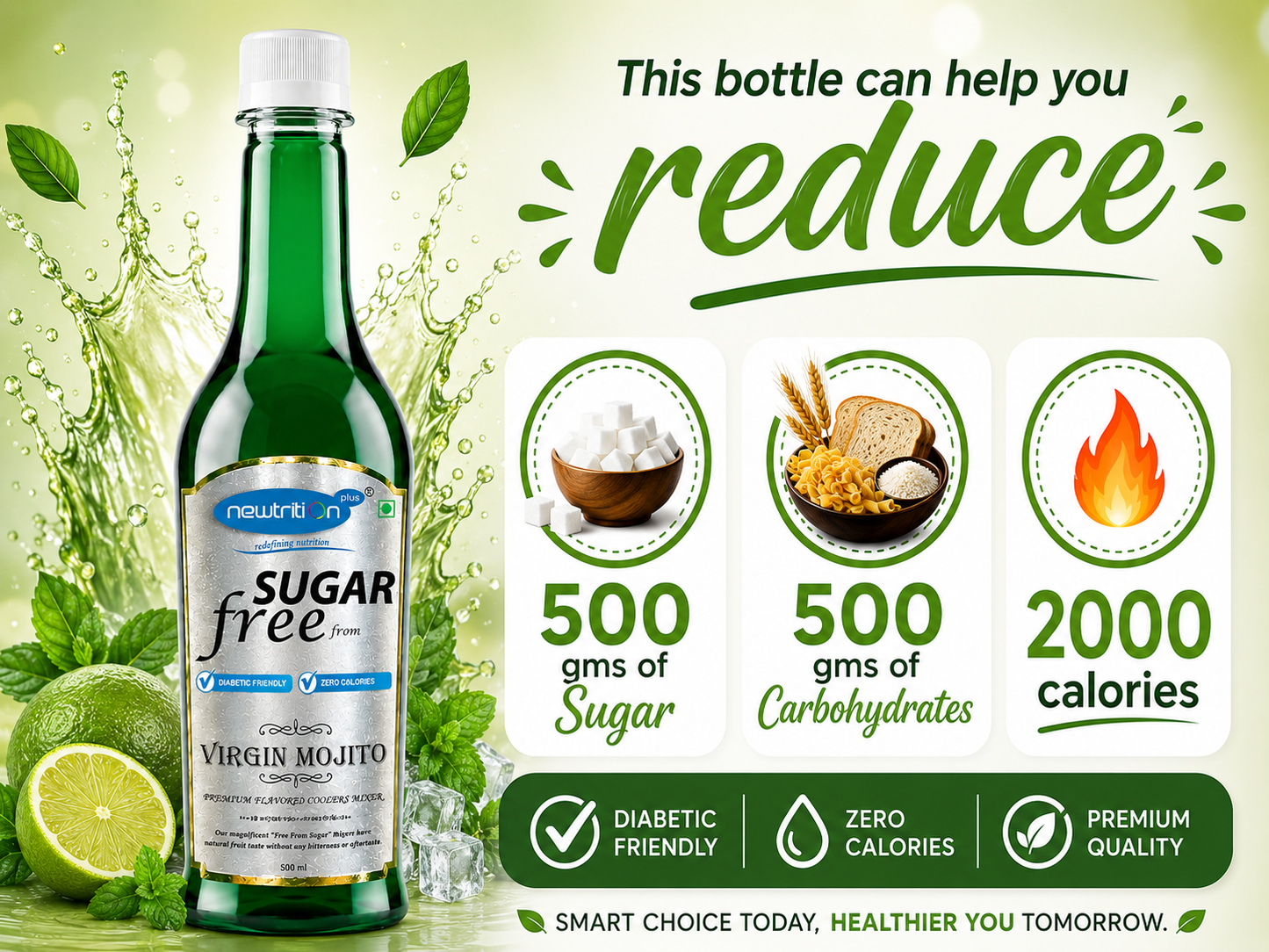 Sugar-free Mojito bottle with health benefits and ingredients displayed on a green background