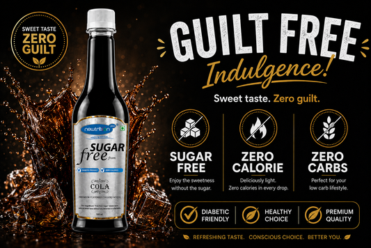 Sugar-free cola bottle with promotional text and icons on a dark background