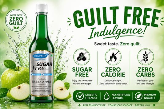 Sugar-free green apple drink bottle with green apples and promotional text on a light green background