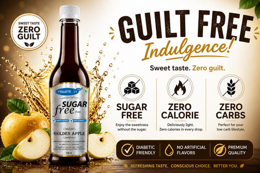 Bottle of sugar-free Golden Apple drink with promotional text and graphics on a wooden surface.