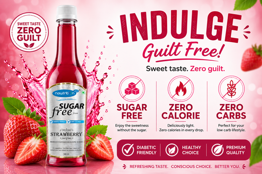 Sugar-free strawberry drink bottle with promotional text on a pink background