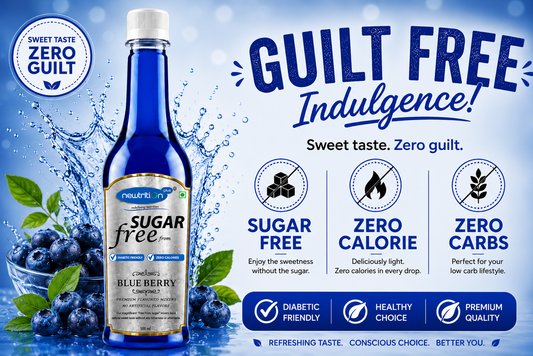 Neutra Sugar Free Blueberry Sweetener bottle with blueberry graphics and text highlighting benefits on a blue background.