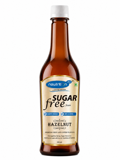 Bottle of sugar-free hazelnut syrup with a white label on a white background
