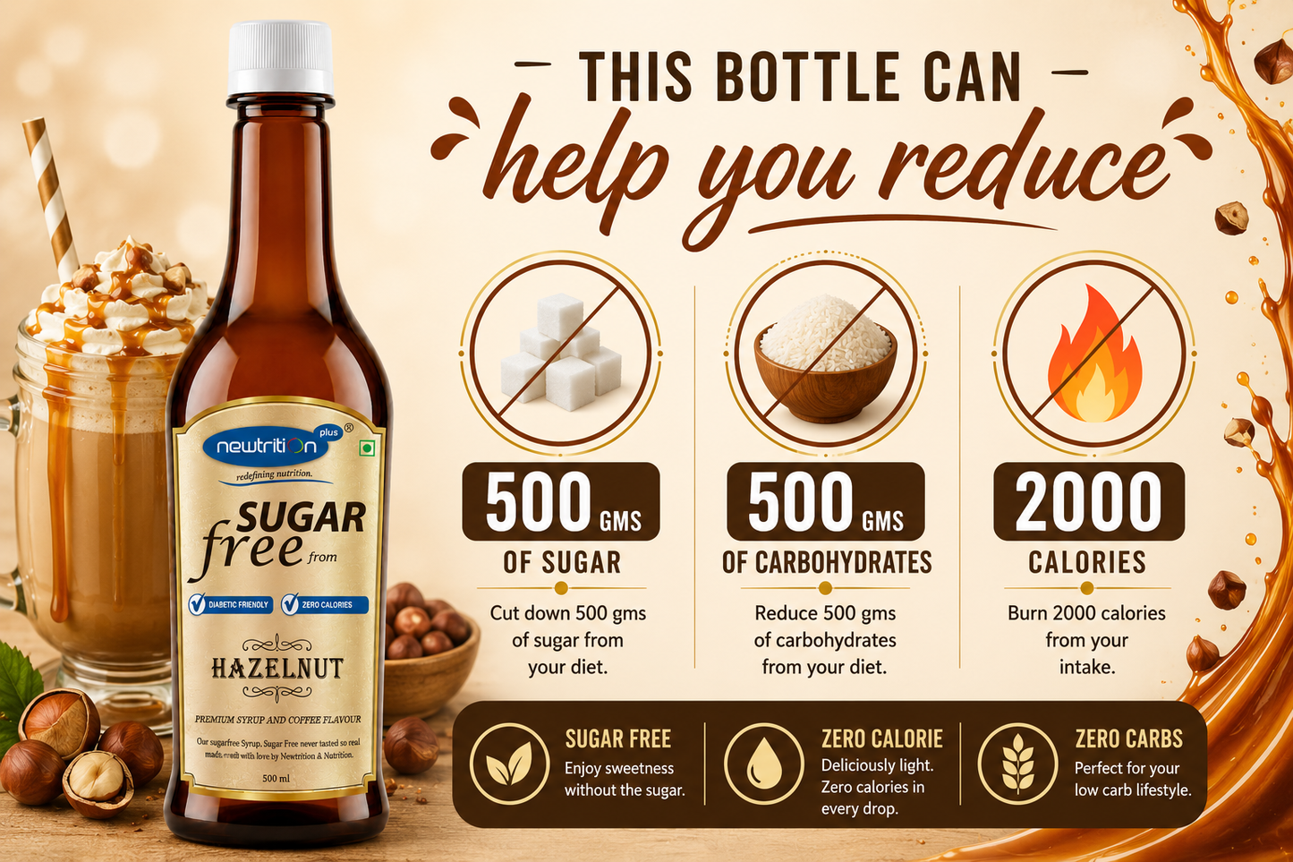 Sugar-free hazelnut syrup bottle with health benefits displayed on a beige background
