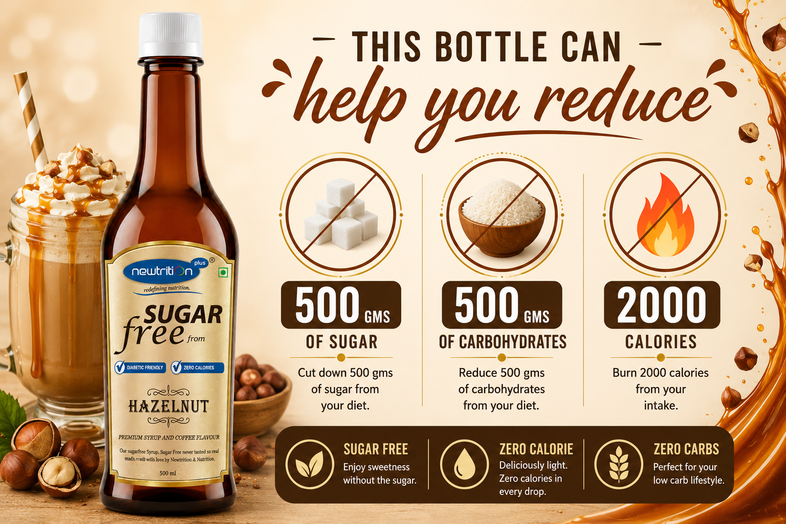 Sugar-free hazelnut syrup bottle with health benefits displayed on a beige background