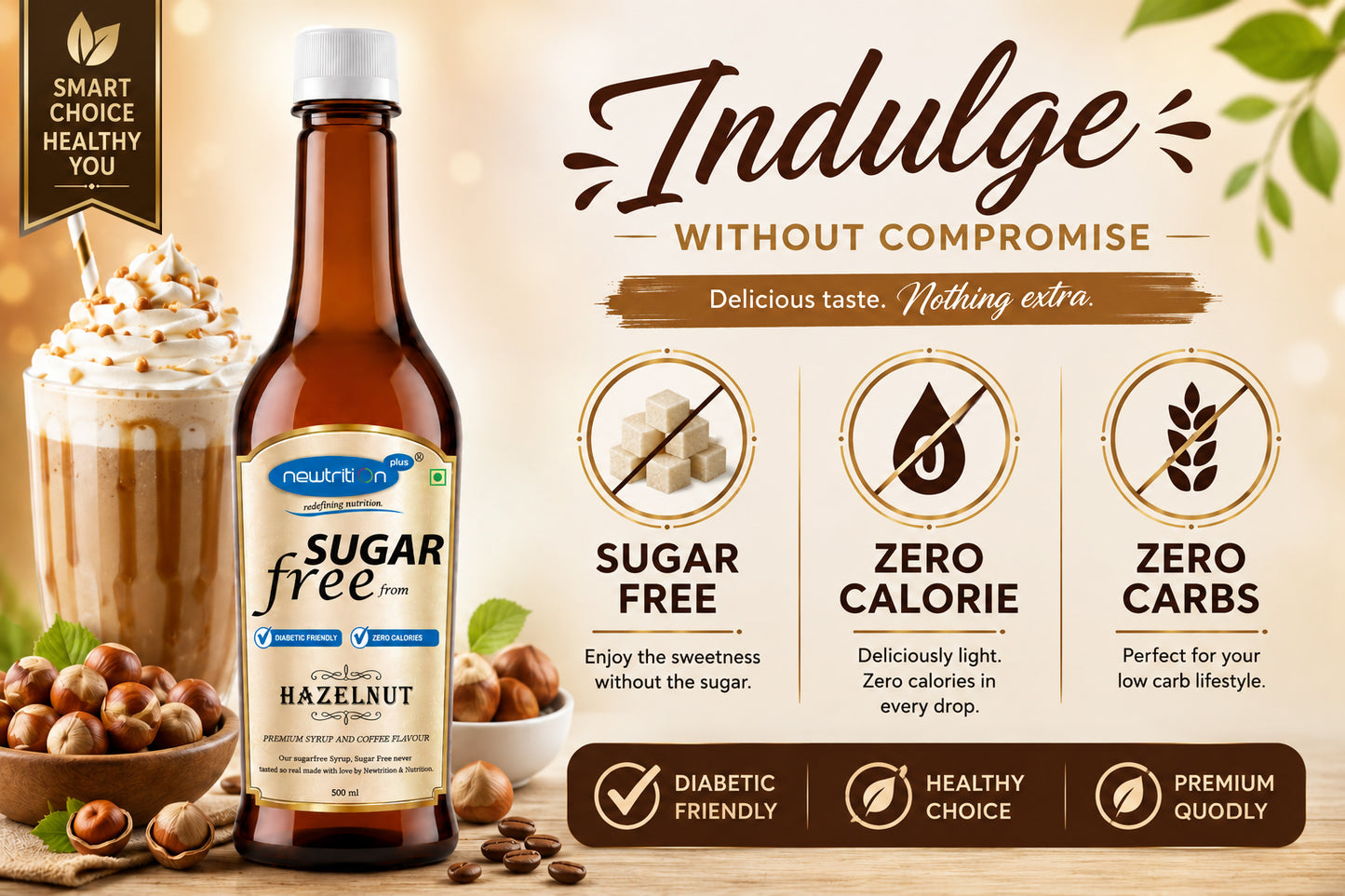 Sugar-free hazelnut syrup bottle with product features and benefits on a light background