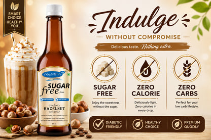 Sugar-free hazelnut syrup bottle with product features and benefits on a light background