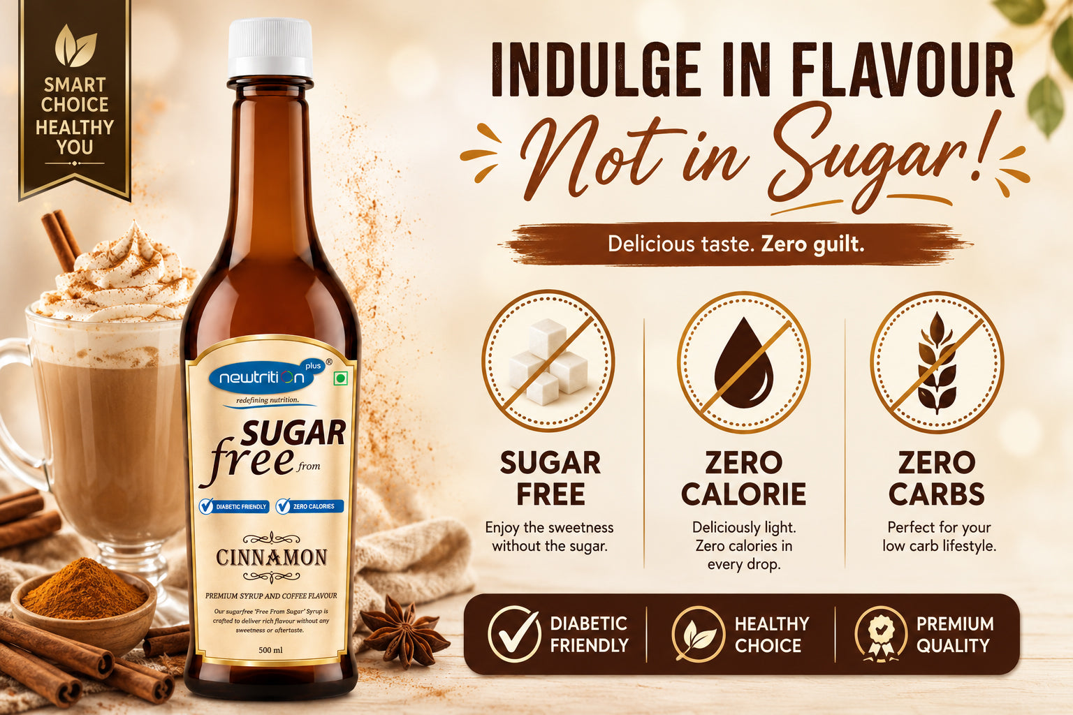 Neutri Cinnamon Syrup bottle with health benefits on a beige background