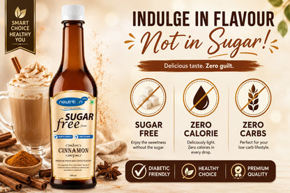 Neutri Cinnamon Syrup bottle with health benefits on a beige background