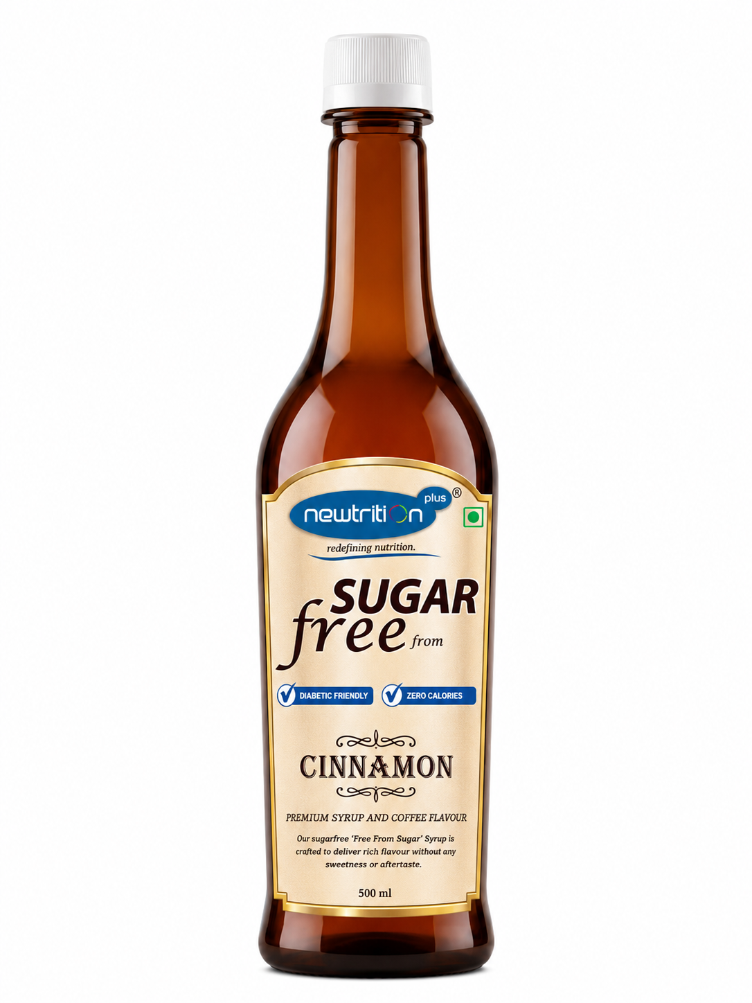 Bottle of sugar-free cinnamon syrup with a white label on a white background