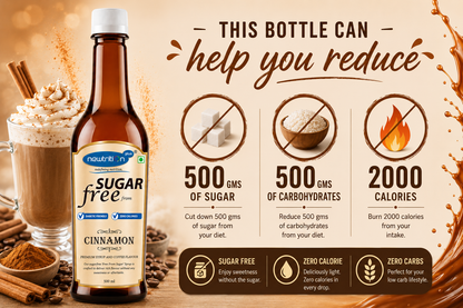 Bottle of sugar-free cinnamon syrup with health benefits displayed on a wooden surface.