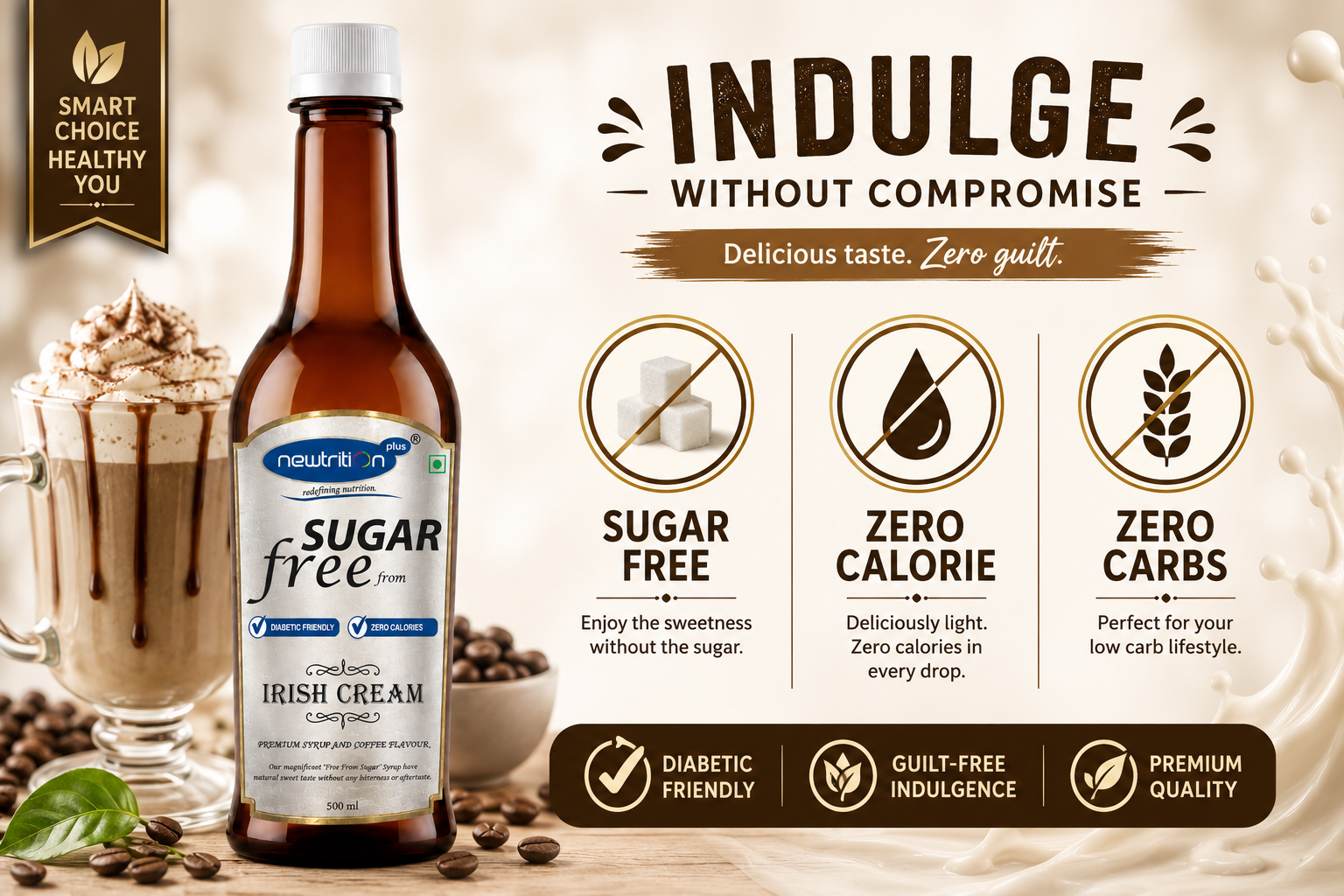 Bottle of sugar-free Irish cream with product features and benefits displayed on a wooden surface.