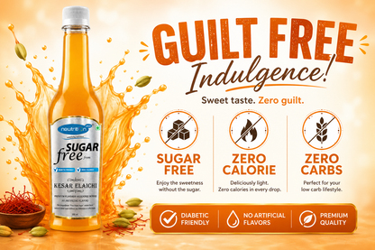 Bottle of sugar-free sweetener with promotional text and features on an orange background