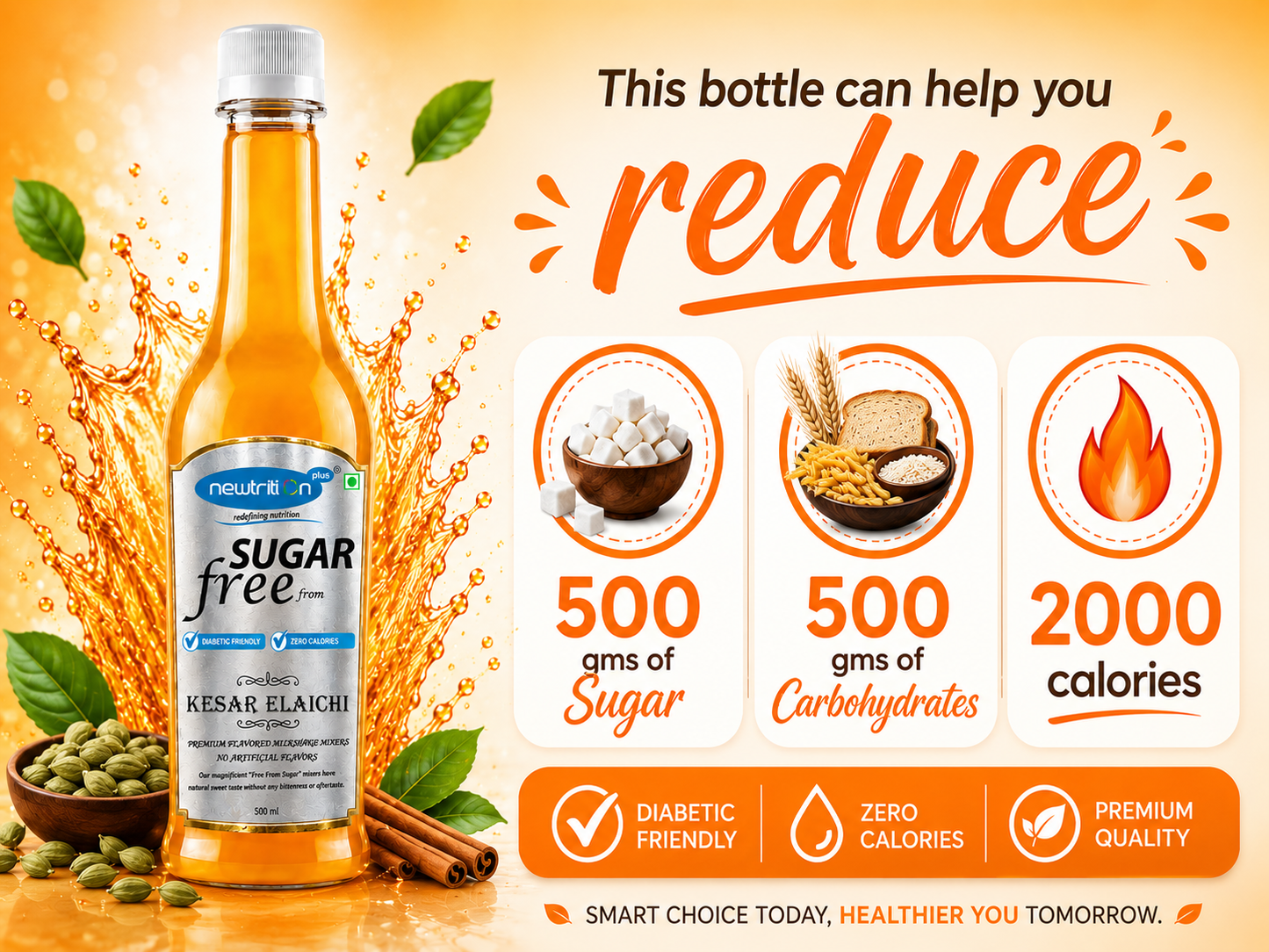 Sugar-free Kesar Elaichi bottle with health benefits on an orange background