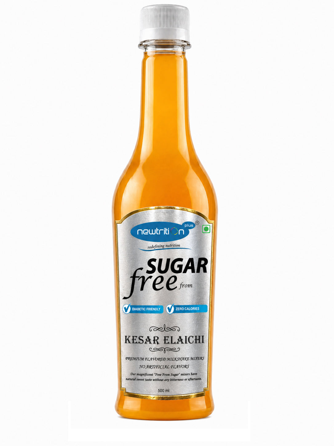 Sugar-free Kesar Elaichi bottle with a white label on a white background