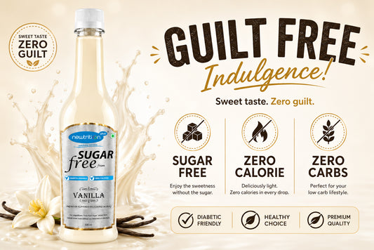 Bottle of sugar-free vanilla syrup with product features on a beige background