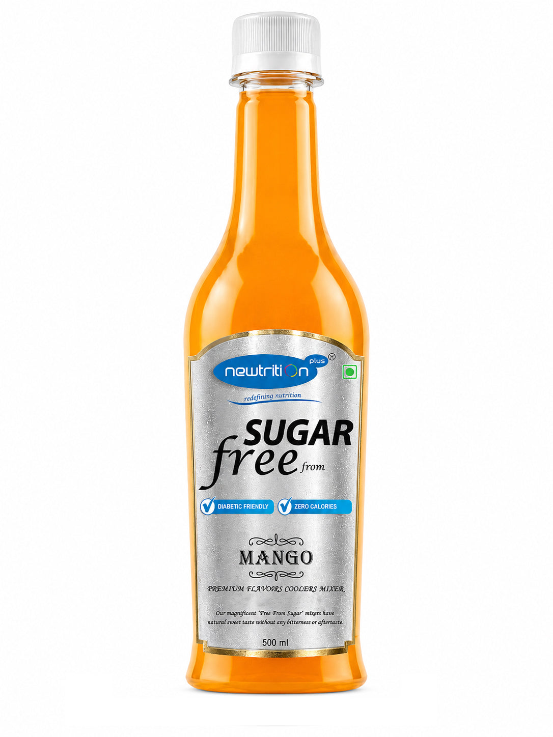 Sugar-free mango drink bottle with 'nutrition' branding on a white background