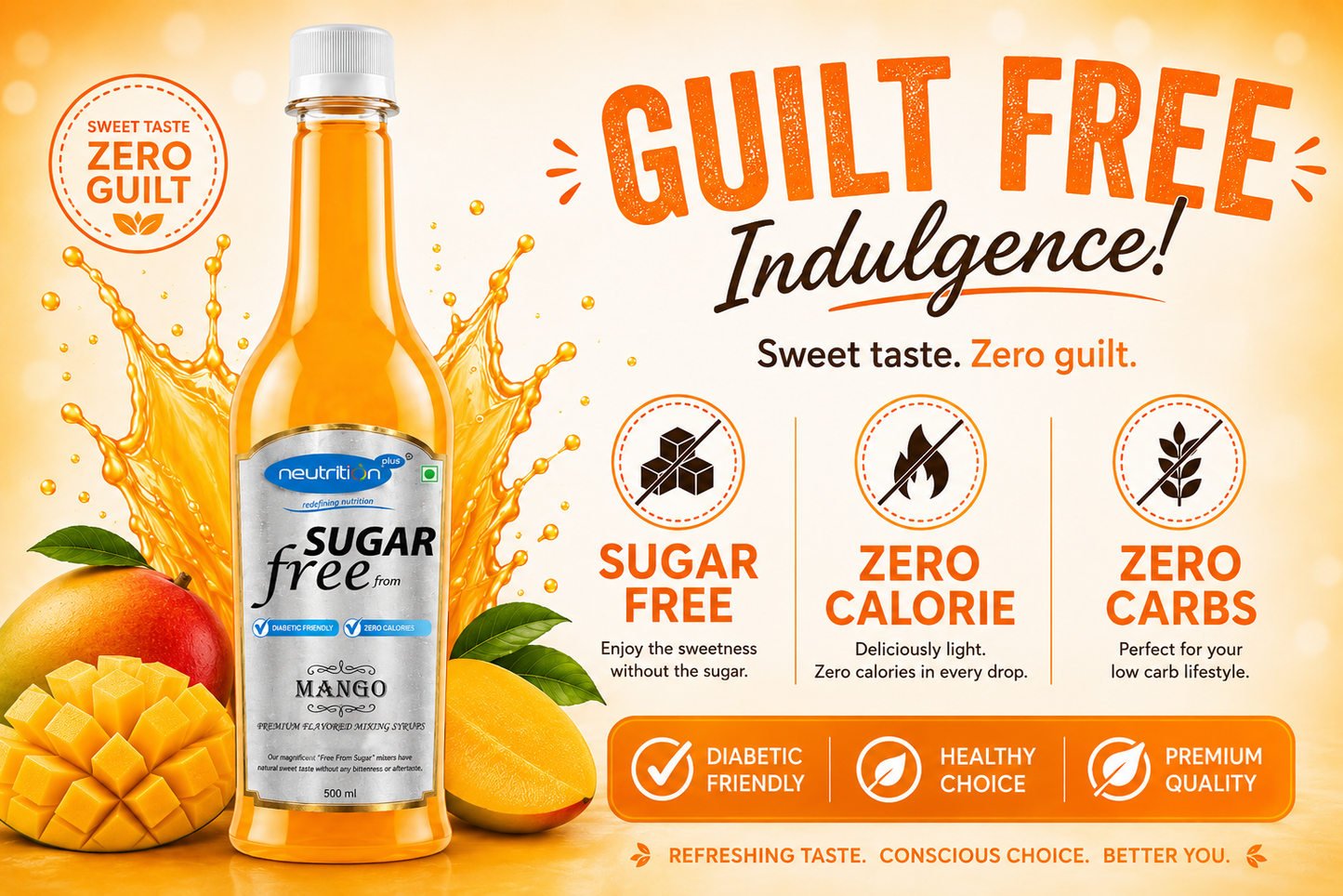 Neulife sugar-free mango juice bottle with promotional text and icons on a bright background