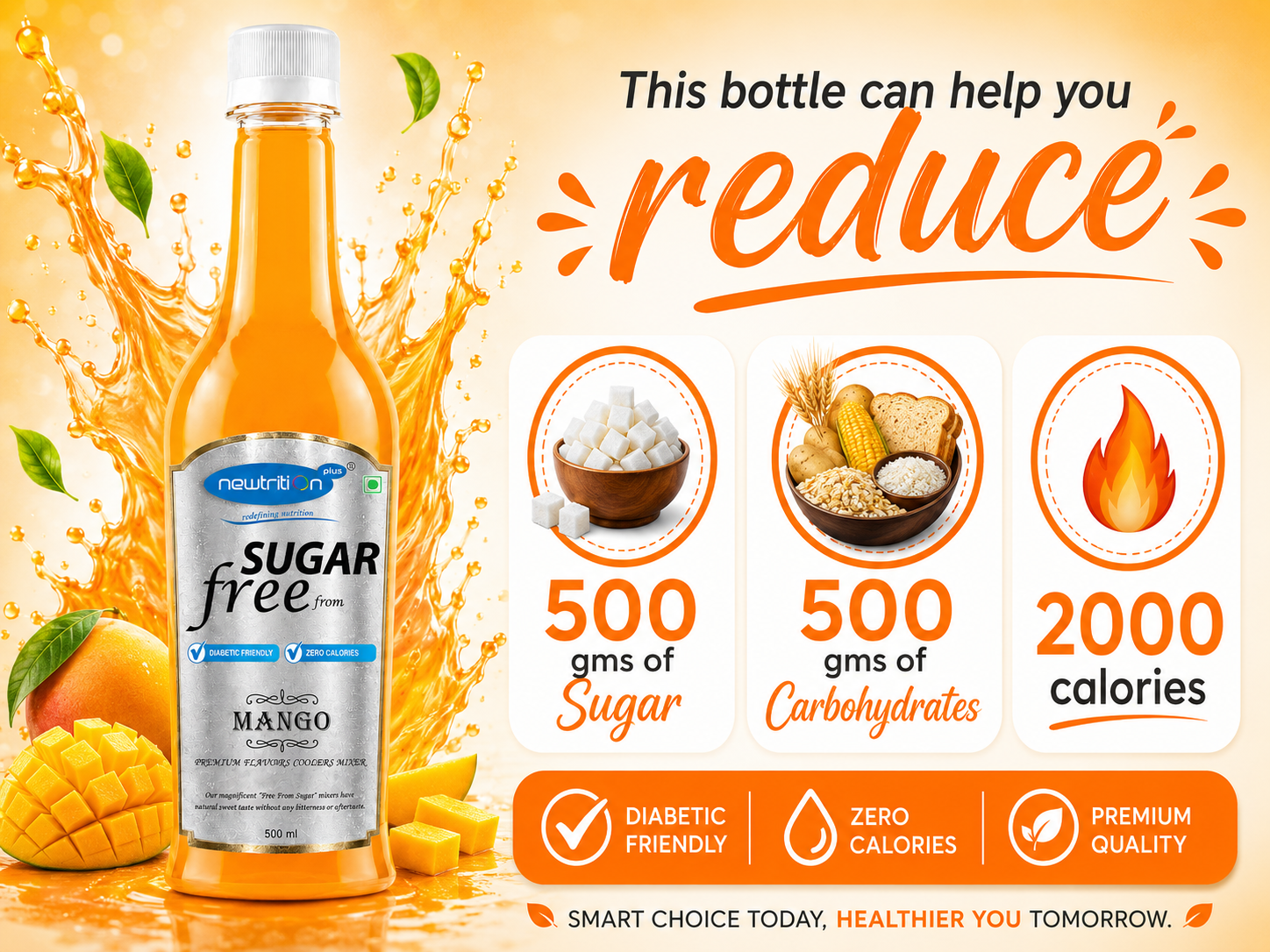 Sugar-free mango drink bottle with nutritional information on an orange background
