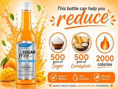 Sugar-free mango drink bottle with nutritional information on an orange background