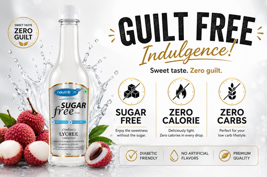 Bottle of sugar-free lychee drink with lychees and promotional text on a white background