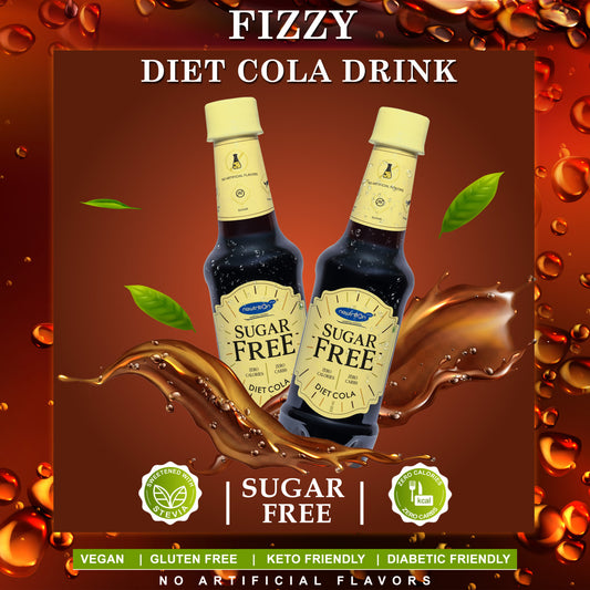 Two bottles of Fizzy Diet Cola Drink labeled Sugar Free, set against a dark brown background with a liquid splash and green leaves, surrounded by a red-orange bubbly border.