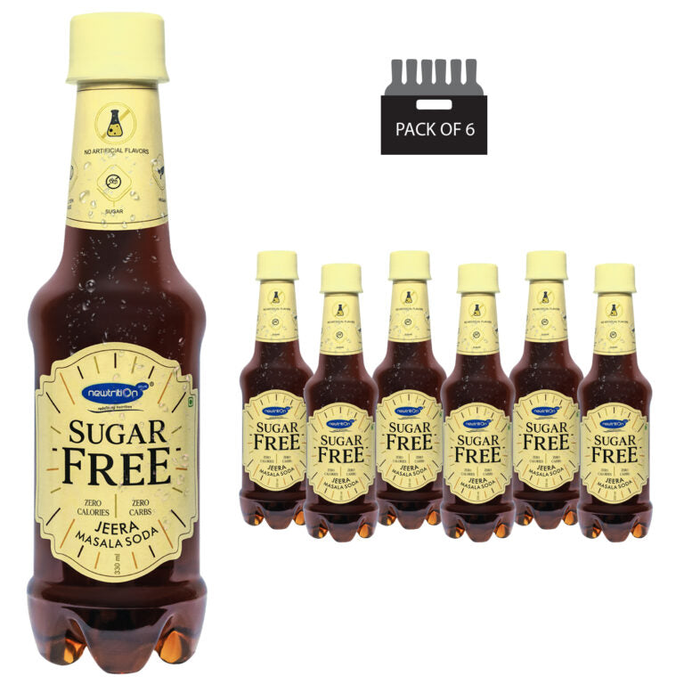 A pack of six Asafeth Sugar Free Jeera Masala Soda bottles, with one large bottle shown on the left and five smaller bottles lined up on the right, plus a small 'PACK OF 6' label at the top right, on a white background.