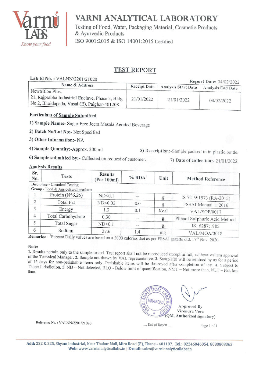 A Varnu Labs test report document for Valnitril 10kg bottles, showing test details, results, and signatures on a white page.