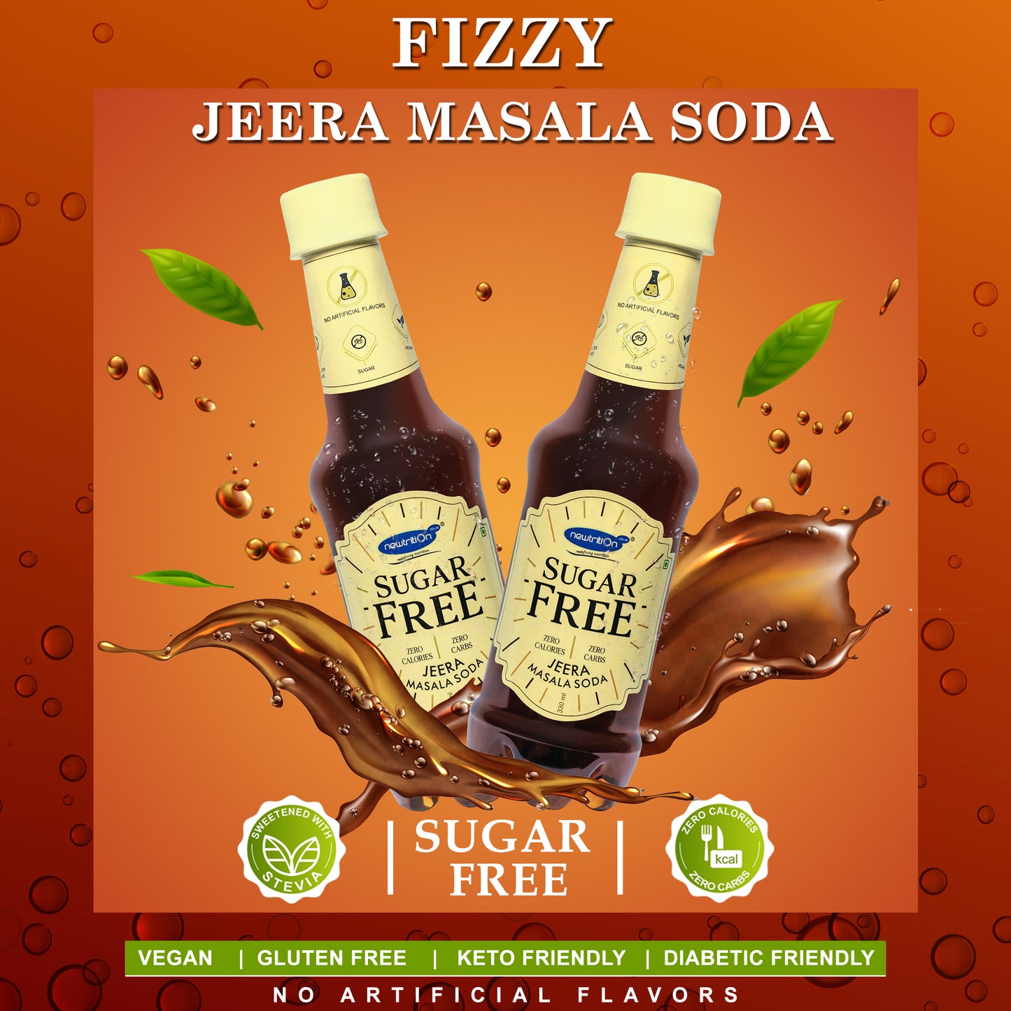 Two bottles of Fizzy Jeera Masala Soda labeled Sugar Free, set against a dynamic orange and brown splash background with floating green leaves and bubbles.