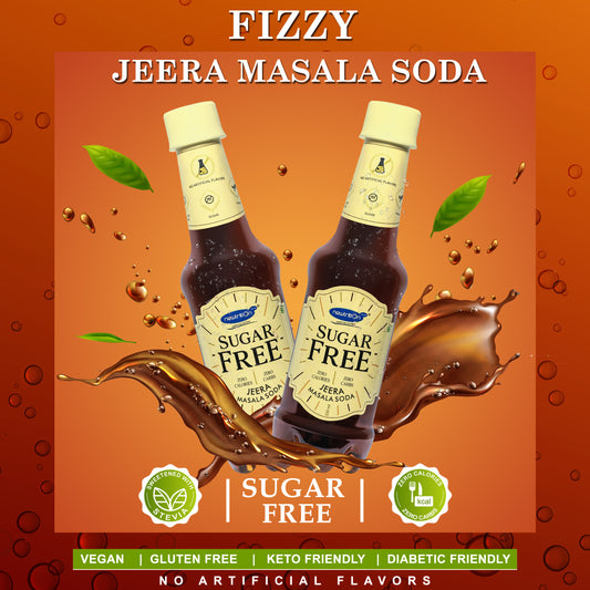 Two bottles of Fizzy Jeera Masala Soda labeled Sugar Free, set against a dynamic orange and brown splash background with floating green leaves and bubbles.